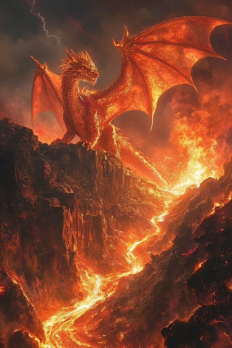 Create an image of a fierce fire dragon perched on the edge of a fiery volcano. The dragon is massive, with scales that shimmer in shades of red, orange, and gold, resembling molten lava. Its eyes glow with an intense yellow-orange light, filled with both intelligence and ferocity. The dragon's wings are enormous, with membranes that appear almost translucent, glowing with internal flames. It spreads its wings wide as if ready to take flight, with embers and smoke swirling around it.

The surrounding volcano is erupting, spewing lava and ash into the dark, smoke-filled sky. Rivers of molten lava flow down the rocky slopes, illuminating the scene with a hellish glow. The air is thick with smoke and ash, and occasional bursts of flame shoot out from cracks in the earth. Jagged rocks and volcanic debris litter the ground, adding to the sense of danger and desolation. The sky is dark and ominous, with flashes of lightning illuminating the thick plumes of smoke that billow from the volcano. The atmosphere is intense and dramatic, filled with heat, power, and the untamed fury of nature.