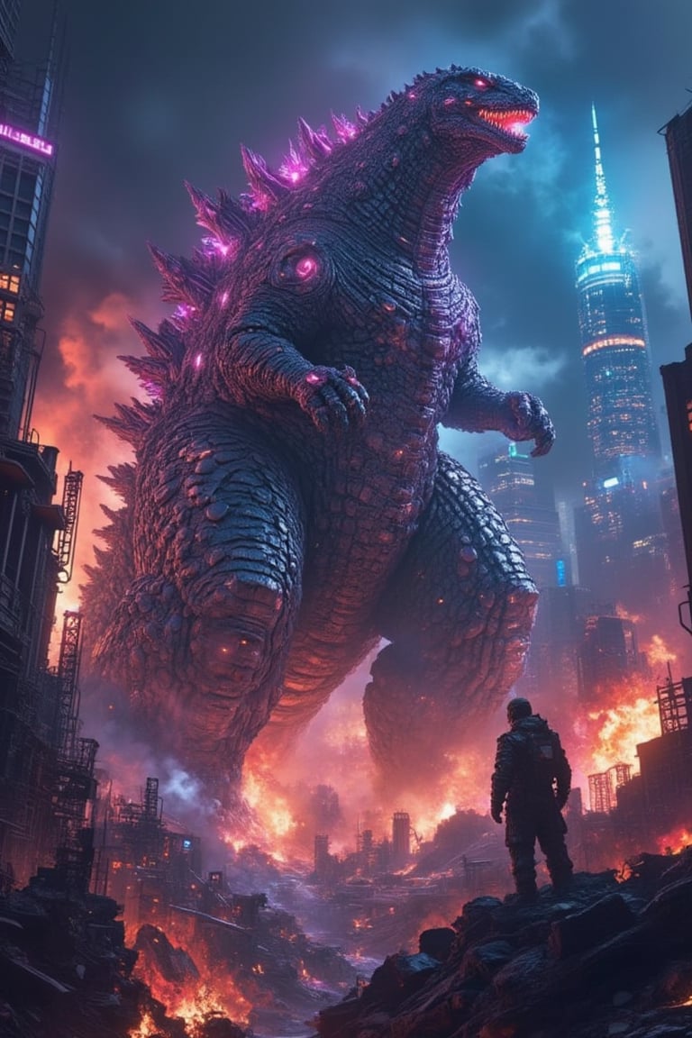 A futuristic mecha giant Godzilla emerges from a smoldering metropolis, its scaly body glistening in neon-lit hues. The behemoth's massive frame casts a long shadow across the ruins as it rises, atomic breath illuminating the darkened sky. In the foreground, a lone skyscraper remains standing, its peak barely reaching Godzilla's knee, while in the distance, towering cityscapes lie in ruin, a testament to the monster's devastating power.