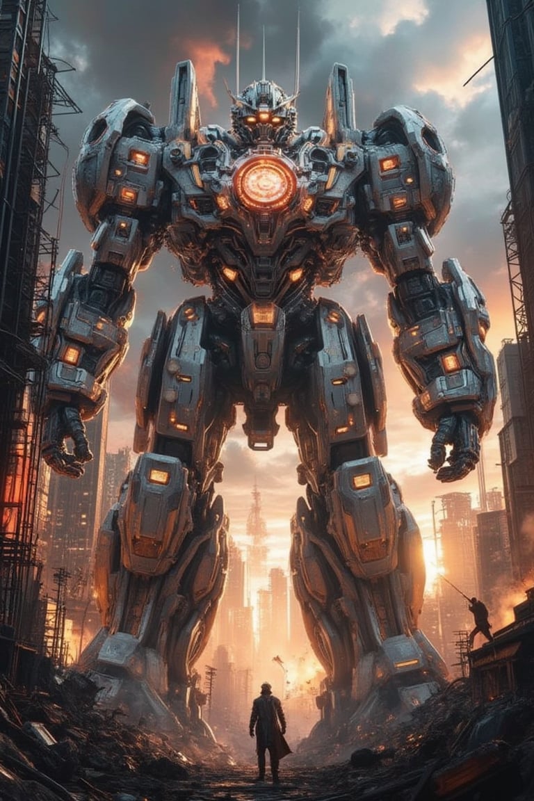 A futuristic mecha giant stands proudly in a desolate cityscape at sunset, its metallic body glowing with an otherworldly aura. The massive robot's arms stretch wide, holding aloft a gleaming sword, as it gazes out upon the ruins of civilization. Smoke and flames dance in the background, while neon lights flicker to life on the mecha's chest, casting an eerie glow over the devastation.