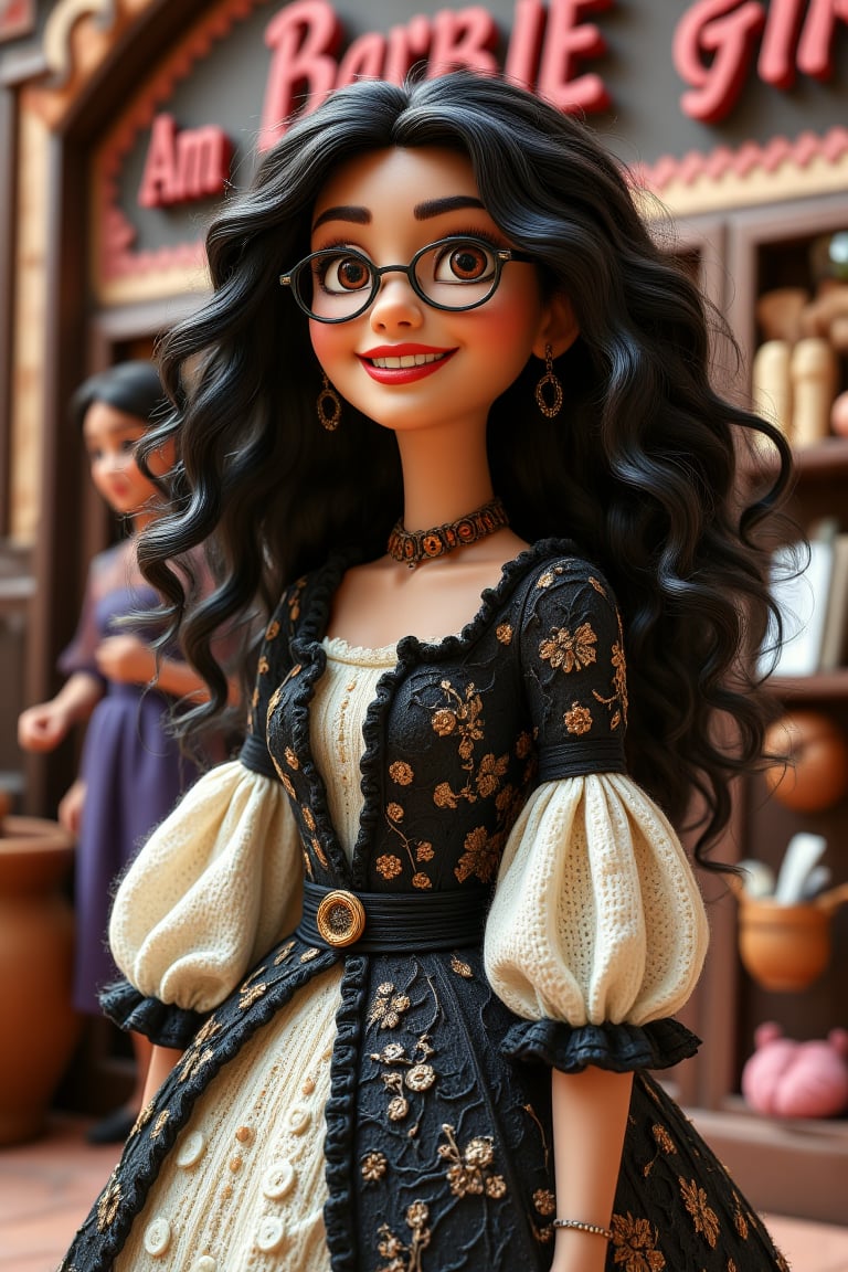 A full_body shot of a beautiful dark hair barbie girl with reading glasses wearing rococo black and white dress, focus portrait, UDH, more detail, a billboard prominently says "I am a Barbie girl", the environment is lively.