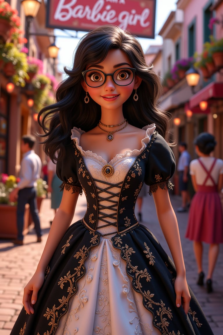 A full_body shot of a beautiful dark hair barbie girl with reading glasses wearing rococo black and white dress, focus portrait, UDH, more detail, a billboard prominently says "I am a Barbie girl", the environment is lively.