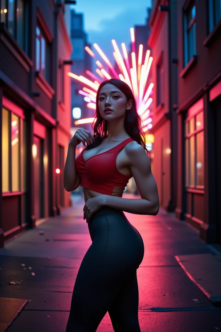 A close-up shot of a charismatic young woman, dubbed Big Boom Girl, standing confidently in a darkened city alleyway at dusk. She's wearing a bold, neon-lit costume that accentuates her curves and radiates an aura of confidence. A burst of colorful sparks erupts from behind her, casting an otherworldly glow on her determined expression as she gazes directly into the camera lens.