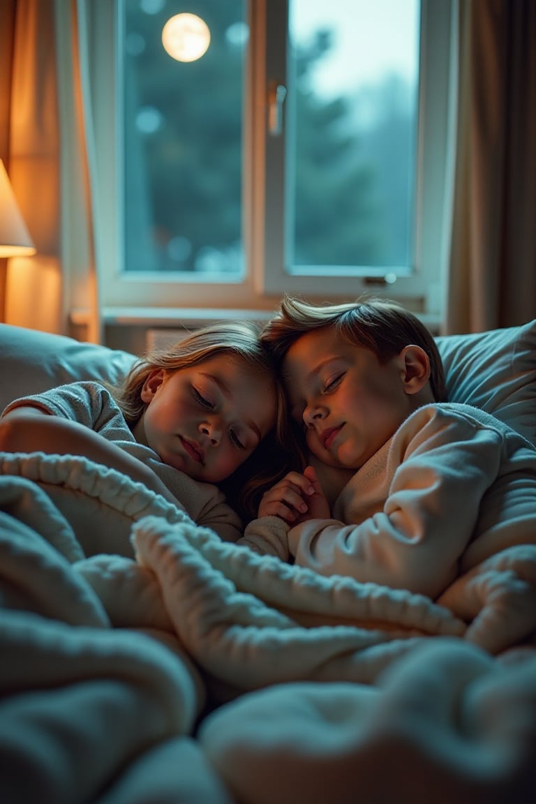 A girl and boy sleeping peacefully in a cozy bedroom, soft moonlight streaming through the window, side-by-side on a twin bed, serene expressions, warm lighting, medium shot, detailed bedroom setting with soft blankets and pillows, intimate composition, natural poses, soft color palette, gentle atmosphere.