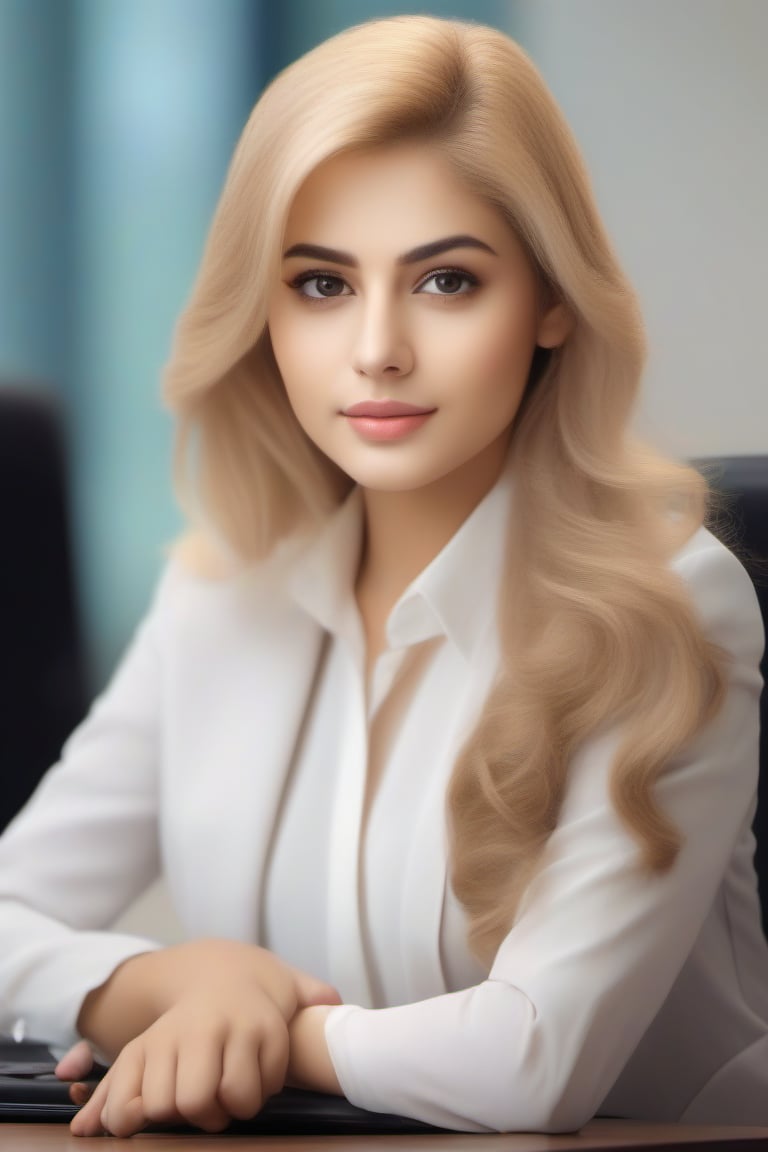 a digital portrait of a naturally beautiful young girl, 25 years blonde with a complexion reminiscent of pure porcelain, fullly matured. sitting on office desk in meeting
, full size photo, 
,Pakistani Model