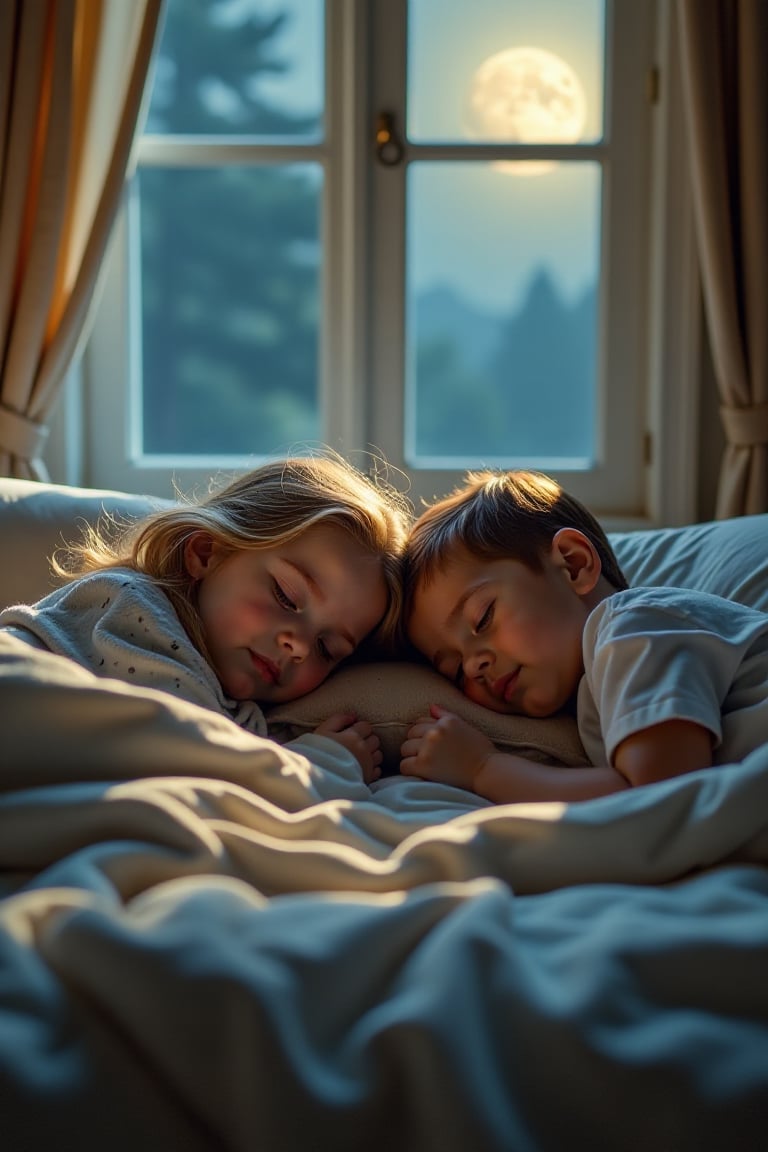 A girl and boy sleeping peacefully in a cozy bedroom, soft moonlight streaming through the window, side-by-side on a twin bed, serene expressions, warm lighting, medium shot, detailed bedroom setting with soft blankets and pillows, intimate composition, natural poses, soft color palette, gentle atmosphere.