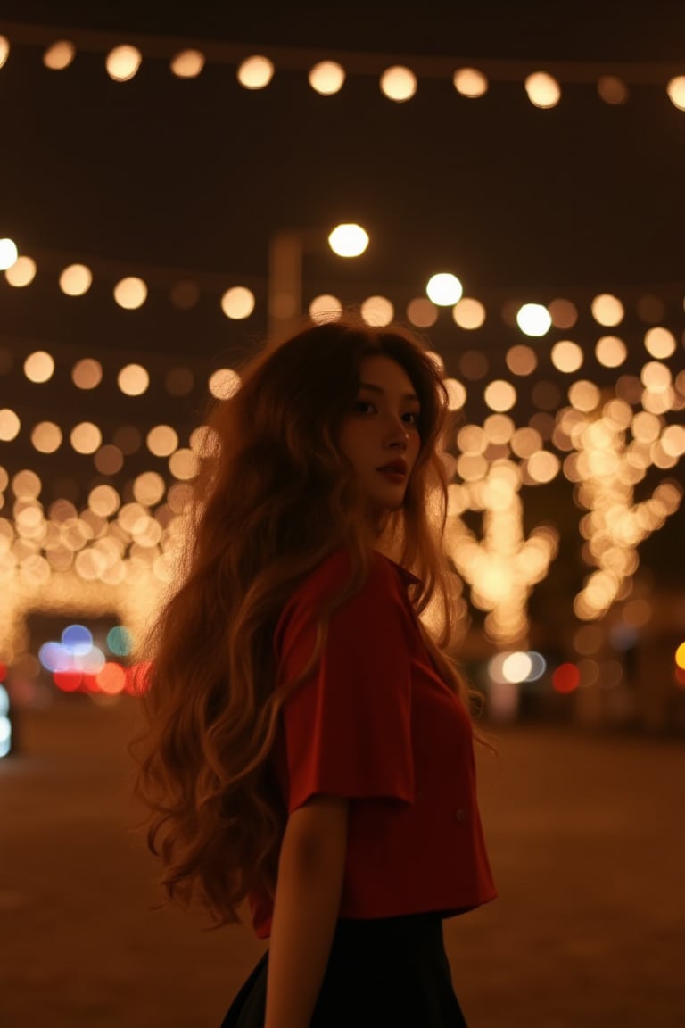 A lone figure bathed in the soft glow of nighttime, her long, luscious locks cascading down her back like a river of gold. The camera captures her ethereal beauty with a shallow depth of field, blurring the background and emphasizing her enigmatic presence. A bokeh of twinkling lights frames her, creating an otherworldly ambiance that transports viewers to a realm of mystique and allure.,hubggirl