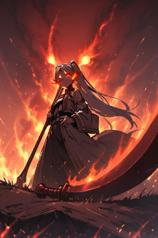 massive scythe, standing on top of a hill, eclipsing red sun,frieren,flaming eyes,burningeyes