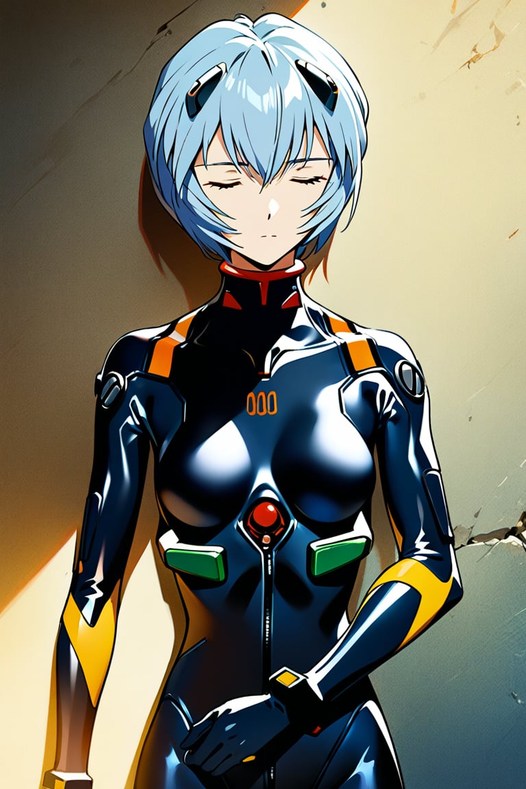 1girl,ayanami rei, plug-suit, standing, upper body, from fornt, emotionless, closed eyes, BREAK simple background, wall, yellow wallpaper, wind, sunlight, masterpiece, best quality, absurdres