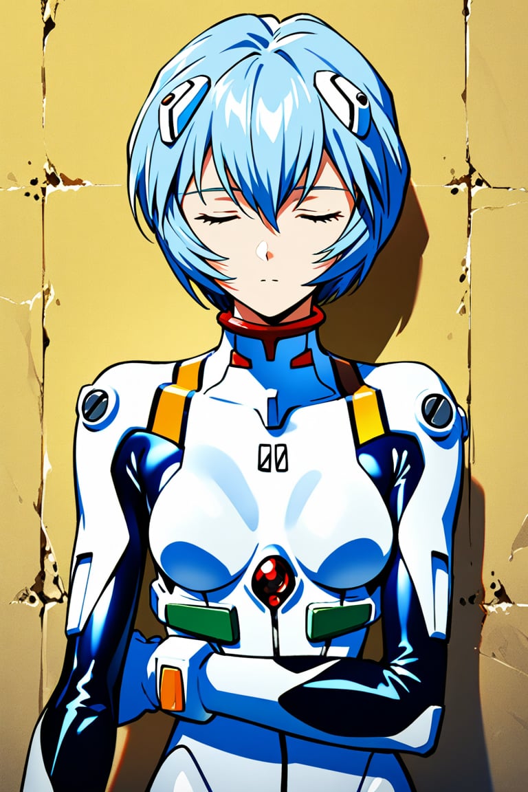 1girl,ayanami rei, plug-suit, standing, upper body, from fornt, emotionless, closed eyes, BREAK simple background, wall, yellow wallpaper, wind, sunlight, masterpiece, best quality, absurdres