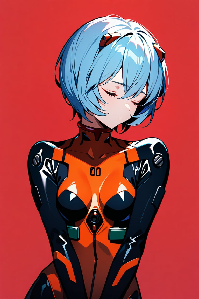 1girl,ayanami rei,short hair,blue hair, plug-suit, standing, upper body, from fornt, emotionless, closed eyes, simple background, red background, masterpiece, best quality, absurdres