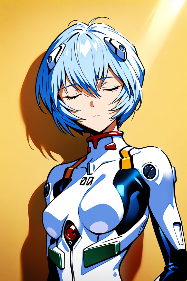 1girl,ayanami rei, plug-suit, standing, upper body, from fornt, emotionless, closed eyes, simple background, wall, yellow wallpaper, wind, sunlight, masterpiece, best quality, absurdres