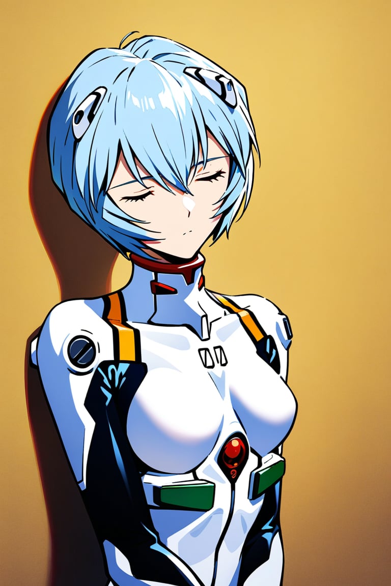 1girl,ayanami rei, plug-suit, standing, upper body, from fornt, emotionless, closed eyes, simple background, wall, yellow wallpaper, masterpiece, best quality, absurdres