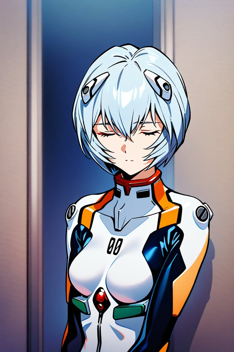 1girl,ayanami rei, plug-suit, standing, upper body, from fornt, emotionless, closed eyes, simple background, backrooms, masterpiece, best quality, absurdres