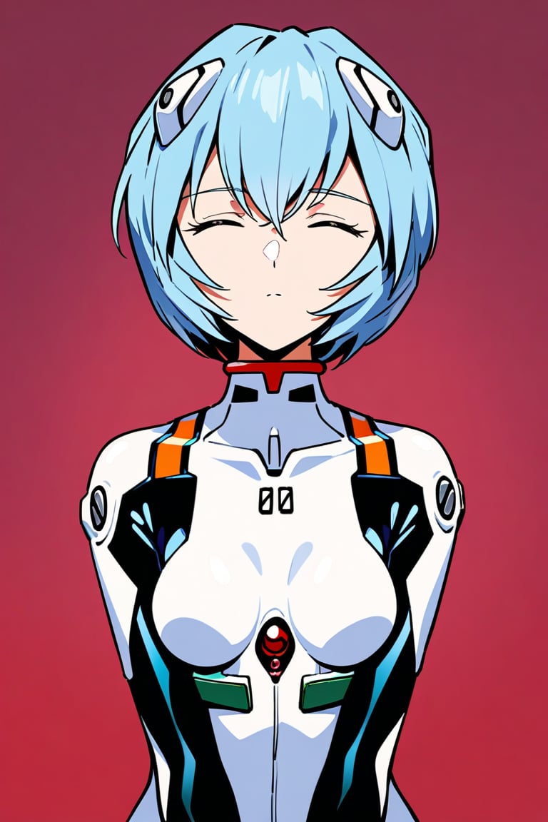 1girl,ayanami rei, plug-suit, standing, upper body, from fornt, emotionless, closed eyes, simple background, red background, masterpiece, best quality, absurdres