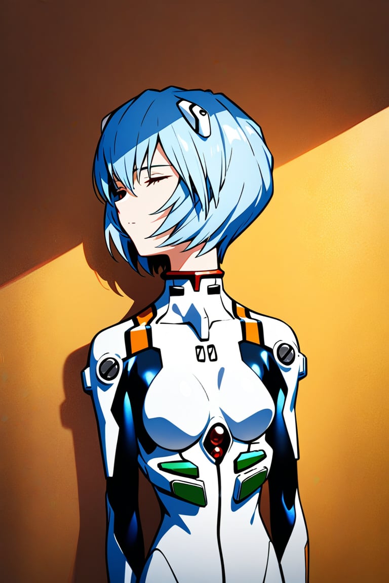 1girl,ayanami rei, plug-suit, standing, upper body, from fornt, emotionless, closed eyes, simple background, wall, yellow wallpaper, backrooms,  masterpiece, best quality, absurdres