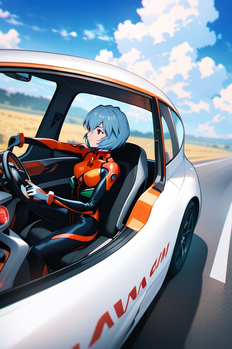 ayanami rei, evangelion, plug-suit, sitting, driving, car