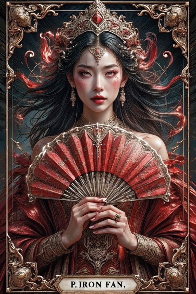 Symmetrical, elegant yet deadly, wind manipulation theme, portrait of Princess Iron Fan in tarot card style, intricate detail, merge graceful beauty with destructive power, silver and dark red palette, artwork, crisp lines, regal yet menacing aesthetics, masterpiece, abstract, surrealism, realistic, detailed, high resolution, Leonardo Style, Movie Poster, MoviePosterAF, 'P. IRON FAN' name text,