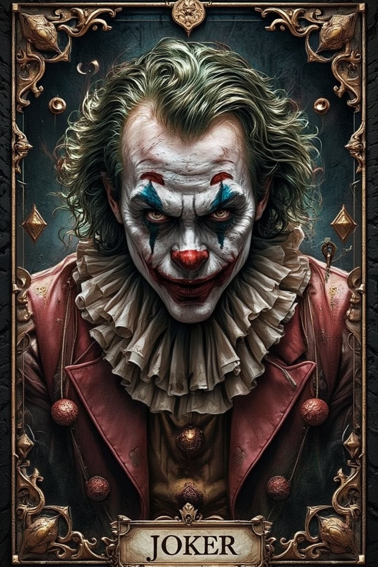 symmetrical, criminal vibe, dark clown theme, portrait of joker in tarot card style, intricate detail, merge mystery of sadness and endless scary of clown, dark palette, artwork, crisp lines, rough aesthetics, masterpiece, abstract, surrealism, realistic, detailed, high resolution, Leonardo Style,Movie Poster,MoviePosterAF, 'JOKER' word