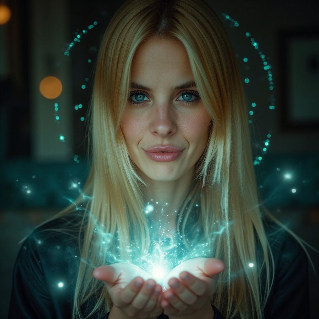 A breathtaking 8K+ portrait of a ravishing blonde sorceress, smiling,  radiating mystical power as she revives love's spark. Her piercing blue eyes, like sapphires, shine with intense magic and emotion, surrounded by warm candlelight and arcane symbols. Turquoise wisps swirl around her, forming ethereal halos and intricate patterns. Raised hands channel energy, releasing shimmering light and mystical symbols from palms. Soft focus on the sorceress and ritual elements, with blurred background to maintain visual intimacy.