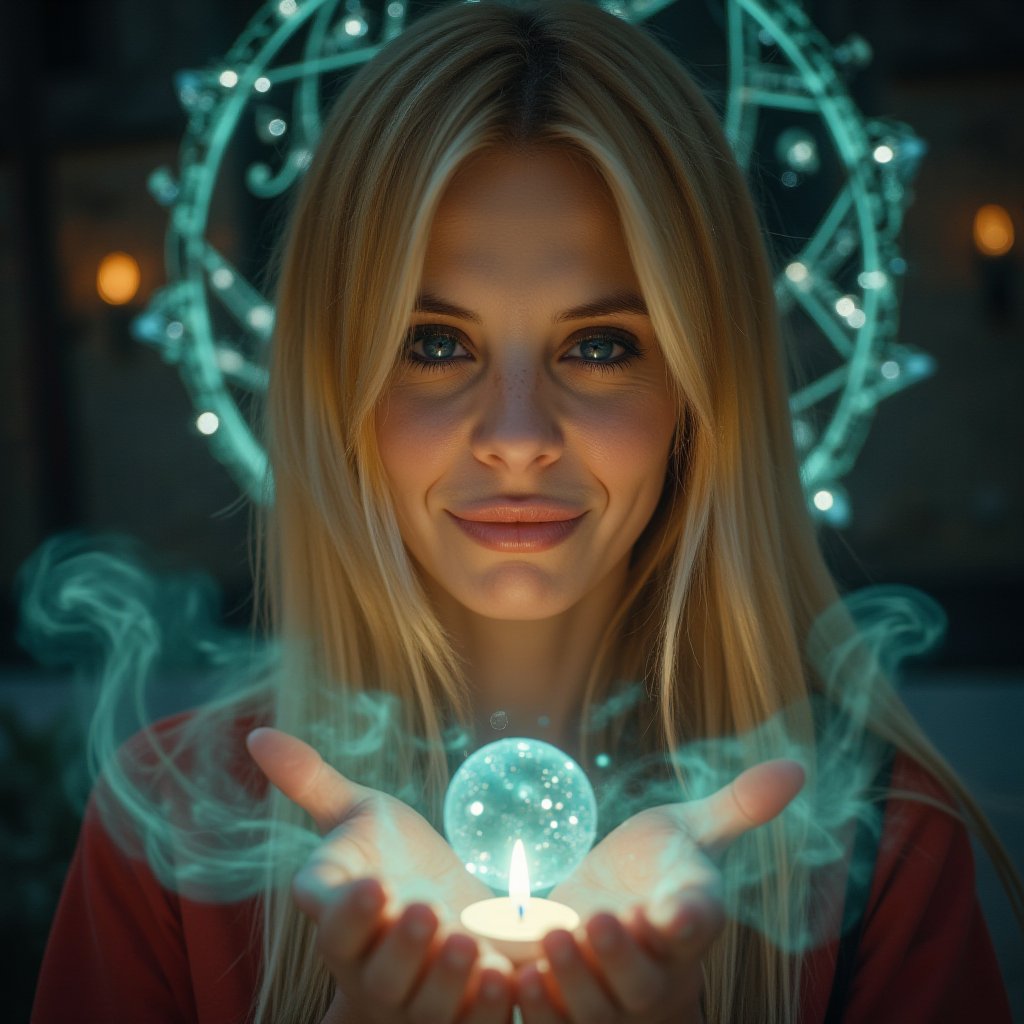 A breathtaking 8K+ portrait of a ravishing blonde sorceress, smiling,  radiating mystical power as she revives love's spark. Her piercing blue eyes, like sapphires, shine with intense magic and emotion, surrounded by warm candlelight and arcane symbols. Turquoise wisps swirl around her, forming ethereal halos and intricate patterns. Raised hands channel energy, releasing shimmering light and mystical symbols from palms. Soft focus on the sorceress and ritual elements, with blurred background to maintain visual intimacy.