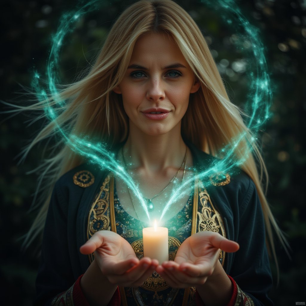 A breathtaking 8K+ portrait of a ravishing blonde sorceress, smiling,  radiating mystical power as she revives love's spark. Her piercing blue eyes, like sapphires, shine with intense magic and emotion, surrounded by warm candlelight and arcane symbols. Turquoise wisps swirl around her, forming ethereal halos and intricate patterns. Raised hands channel energy, releasing shimmering light and mystical symbols from palms. Soft focus on the sorceress and ritual elements, with blurred background to maintain visual intimacy.