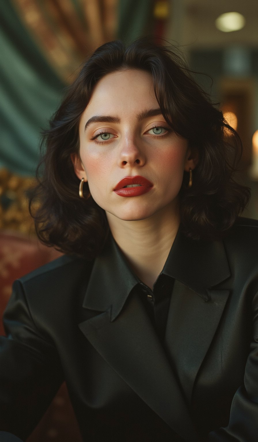 Close-up portrait of a young woman with striking features, capturing the essence of high-fashion aesthetics in the style of Vogue. Her face is illuminated by soft, diffused lighting, accentuating her flawless skin and perfectly contoured cheekbones. She has bold, expressive eyes adorned with dramatic makeup, including thick lashes and a smoky eye, that draw the viewer in. 

Her lips are painted in a rich, deep color, adding a touch of sensuality to the image. The background is a blurred, elegant setting, possibly with hints of luxurious fabrics or abstract patterns, enhancing the artistic quality of the portrait. The overall composition conveys a sense of sophistication and glamour, capturing the spirit of modern fashion photography, with meticulous attention to detail and an emphasis on beauty.,Billie Eilish