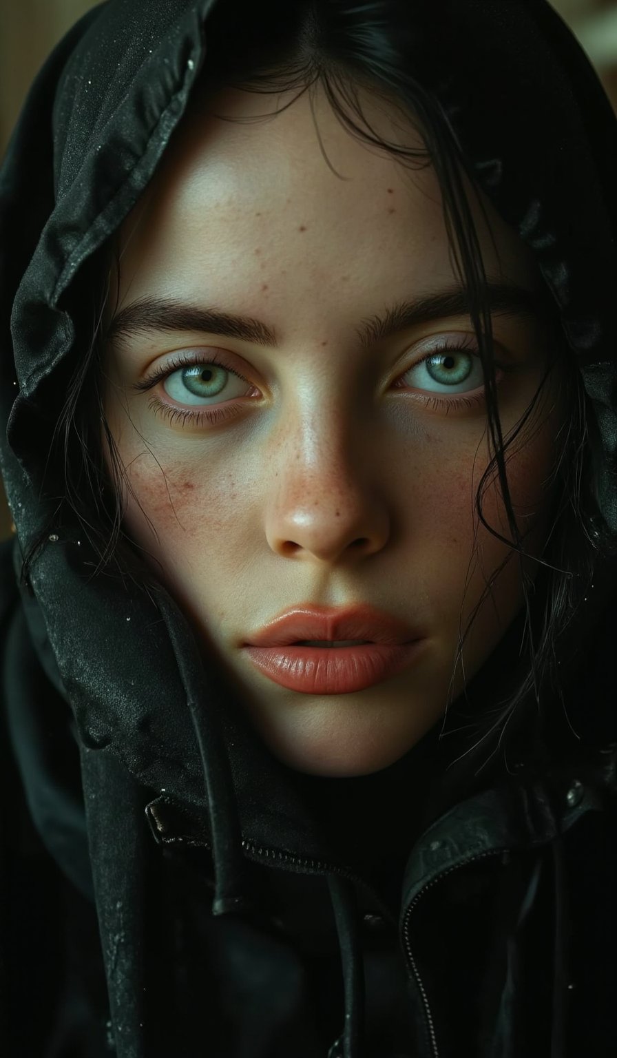 A portrait realistic of Billie Eilish's face, her look is daring, dominant look, with her mouth slightly open. A dim evening light illuminates her face, her face has extremely realistic details, you can see her pores, facial beauty and goosebumps.