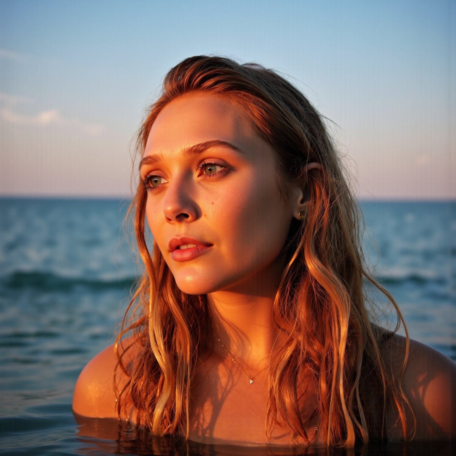 close-up photo at Elizabeth Olsen in the ocean on sunset, in the style of hyper-realistic portraits, gongbi, crimson and amber, blink-and-you-miss-it detail, the snapshot aesthetic, glowwave, poolcore,FluxBoost,wet_hair