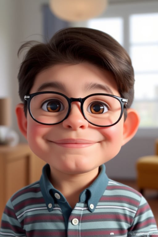 axelmuso with short brown hair and brown eyes smiles at the viewer, wearing a striped collared shirt and round glasses. The focus is on his upper body, set indoors with a blurry background featuring a window and curtains. The image includes a watermark and mentions a web address, while the child has freckles.