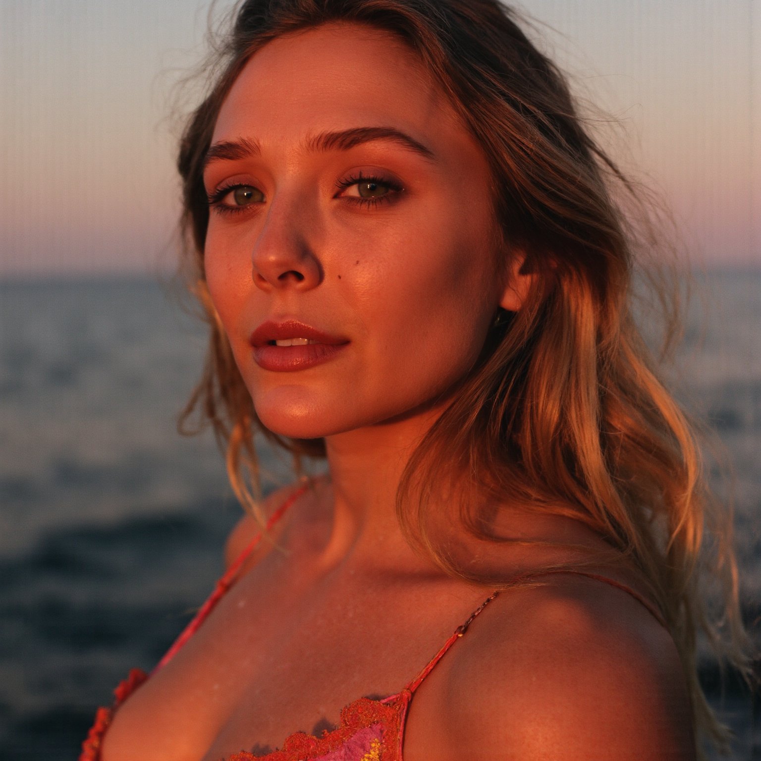 close-up photo at Elizabeth Olsen in the ocean on sunset, in the style of hyper-realistic portraits, gongbi, crimson and amber, blink-and-you-miss-it detail, the snapshot aesthetic, glowwave, poolcore,FluxBoost