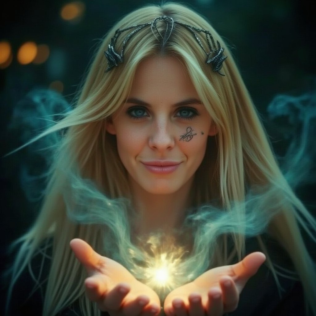 A breathtaking 8K+ portrait of a ravishing blonde sorceress, smiling,  radiating mystical power as she revives love's spark. Her piercing blue eyes, like sapphires, shine with intense magic and emotion, surrounded by warm candlelight and arcane symbols. Turquoise wisps swirl around her, forming ethereal halos and intricate patterns. Raised hands channel energy, releasing shimmering light and mystical symbols from palms. Soft focus on the sorceress and ritual elements, with blurred background to maintain visual intimacy.