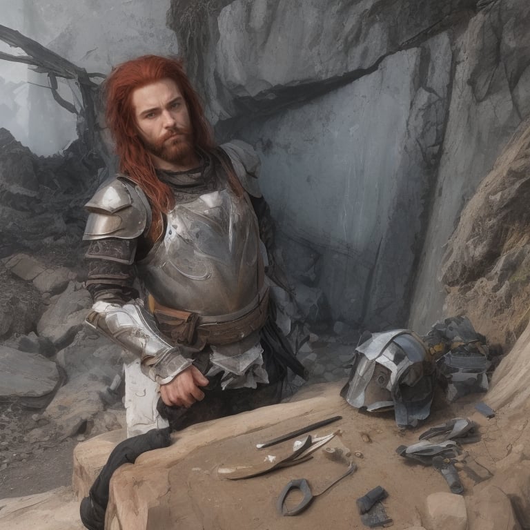 Male, dwarf,heavy_plate_armor,red_hair,medium_beard,undercut,center_compostioning,pouch_of_artifacers_tools_on_hip,moutain_background,fullbody,fully_clothed,metal_armor,wide_build