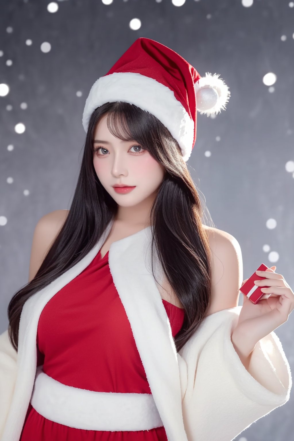 1girl, solo, wearing santa claus outfit, christmas theme, snow christmas background in the morning , mature body, upper body, holding red box of present, realistic,, (mature body), (upper body:1.5), nikon RAW photo,8 k, Fujifilm XT3,masterpiece, best quality, realistic, photorealistic, ultra detailed, extremely detailed face, solo,1girl, standing, fashionable and trendy atmosphere, and a stylish expression on her face, close up, (narrow waist),