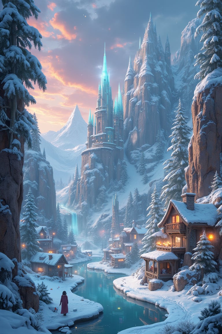 fairy-tale magical fantasy frozen winter valley, ice crystals, lens, magic village, incredible creatures looks at viewer, high resolution details, scenery, ,details in environment, lights and shadows, vibrant colors,watercolor style, dwatercolor,maomi,LyraEcho,lyraecho