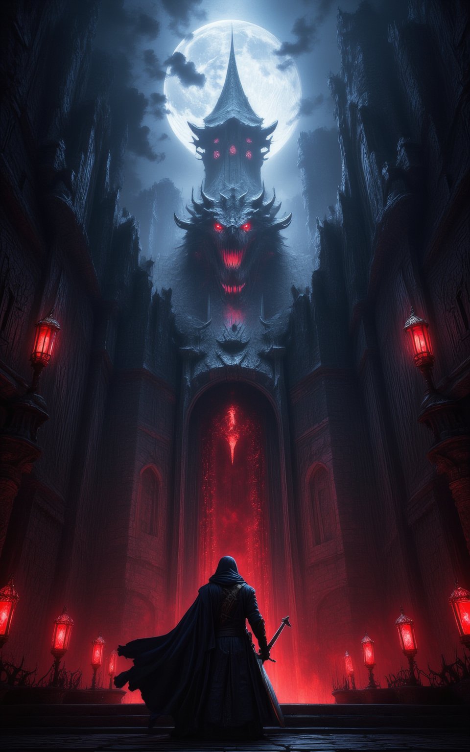 A solemn Great Warrior, encased in gleaming knight armor, grasps a mighty sword as they gaze intently at the foreboding gates of a colossal demonic castle. Moonlight casts an eerie glow, while red torches flicker like malevolent eyes. Hollowed humans, their faces aglow with candles, stand watchfully by. The air is heavy with darkness and cold, the only sound the soft whisper of the wind as the warrior's gaze pierces the shadows.