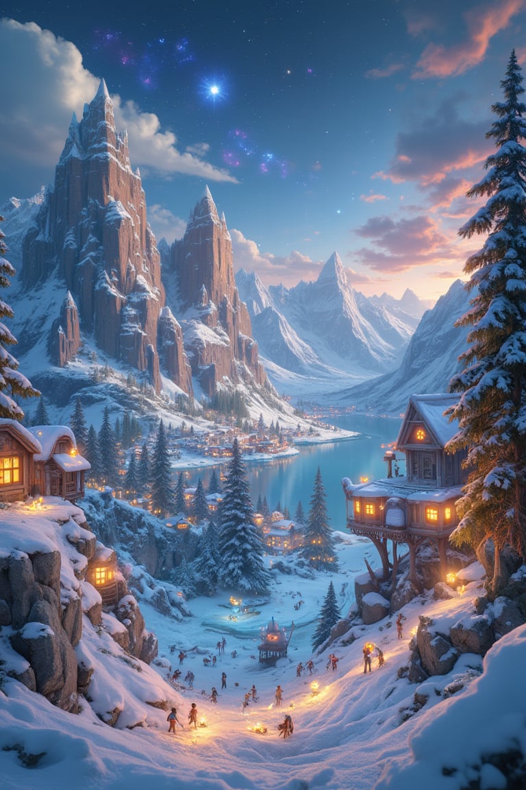 fairy-tale magical fantasy frozen winter valley, ice crystals, lens, magic village, incredible creatures looks at viewer, high resolution details, scenery, ,details in environment, lights and shadows, vibrant colors,watercolor style, dwatercolor,maomi,LyraEcho,lyraecho