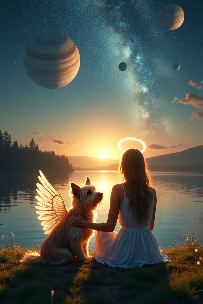 "A golden-haired Yorkshire terrier with shimmering angel wings and a glowing halo sits beside his human friend on the grassy shore of a peaceful lake. The sky is a stunning tapestry of planets of various sizes and colors, filling the horizon with their vibrant glow. The woman's silhouette is relaxed, her hand resting gently on the dog’s back, both gazing in awe at the celestial display. The lake reflects the planets in crystal-clear water, and the scene is illuminated by the ethereal light from the sky, creating a magical, otherworldly atmosphere."