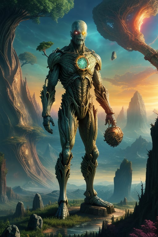 A towering, surreal figure, half human and half robot, stands in an otherworldly landscape. The left side of the body is organic, featuring fluid muscles and skin, while the right side is a gleaming, intricate machine with exposed gears, cables, and metal plates. The human eye glows with an ethereal light, contrasting with the robotic eye pulsing with energy. Surrounding the character is a blend of reality and dream: a melting clock hangs over a twisted tree, and floating rocks defy gravity. The sky is a swirling mix of vibrant colors, reflecting the dual nature of flesh and metal in the character.