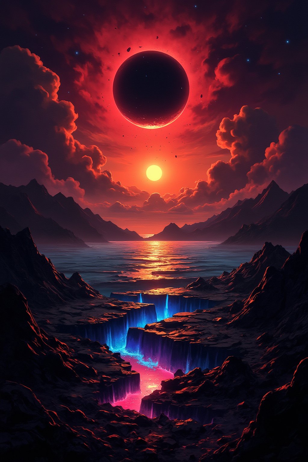 "An apocalyptic scene where the sky is dyed in dramatic colors: deep shades of red, purple and orange illuminate the horizon, mixing with shadows of black and dark gray. In the center, a sun collapsing into a black hole, surrounded by fragments of stars falling from the sky like dust. The earth below is full of cracks that emit flashes of blue and neon green light, like the last vestiges of life escaping the planet. In the distance, mountains crumbling and an ocean in apocalyptic calm, tinged with colors. dark and bright at the same time."

This approach mixes the chaos of the end with intense, vibrant colors that evoke both destruction and beauty.