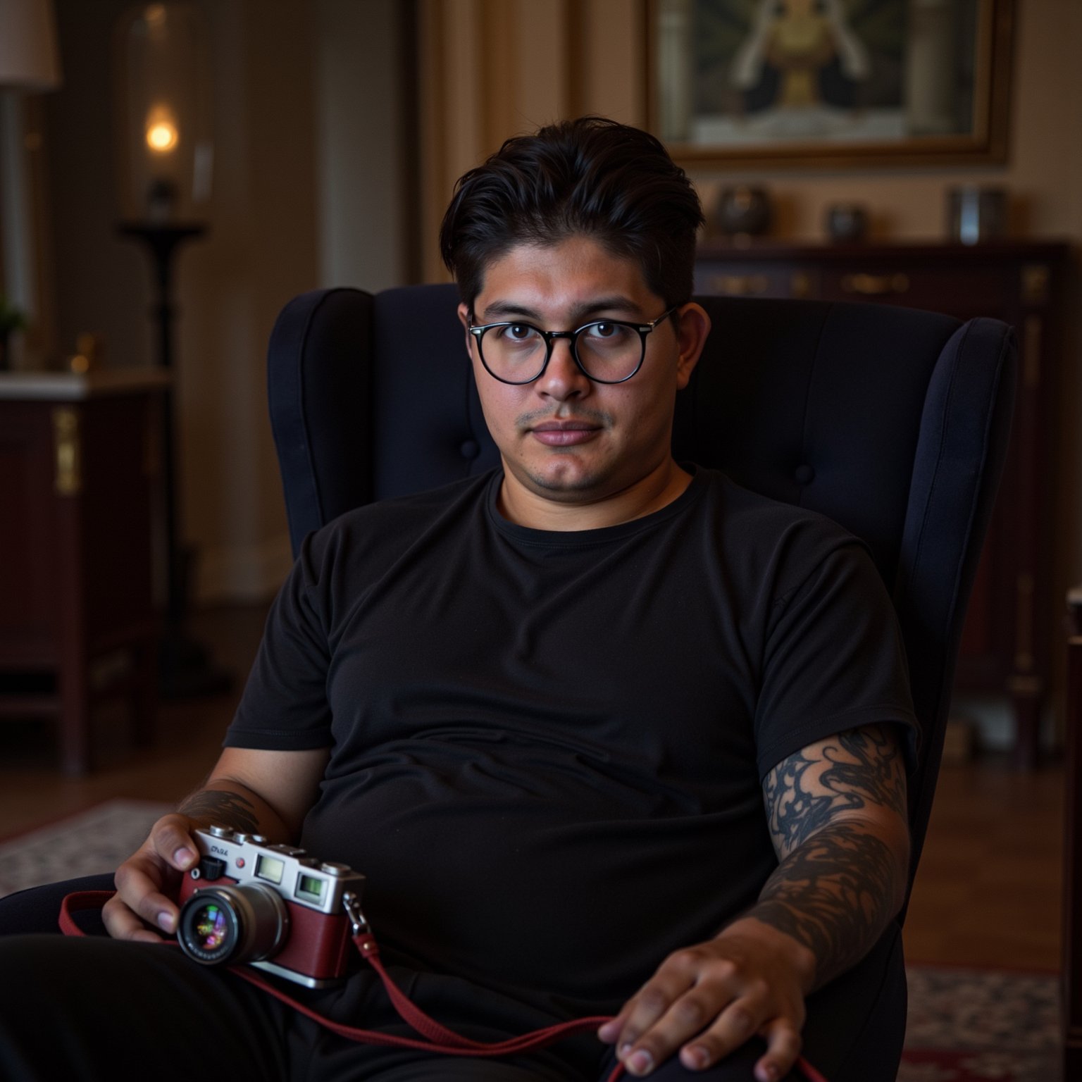 axelmuso solo, looking at viewer, short hair, shirt, black hair, 1boy, holding, sitting, closed mouth, short sleeves, male focus, glasses, pants, indoors, blurry, black shirt, tattoo, blurry background, facial hair, chair, black pants, black-framed eyewear, realistic, camera, arm tattoo, holding camera