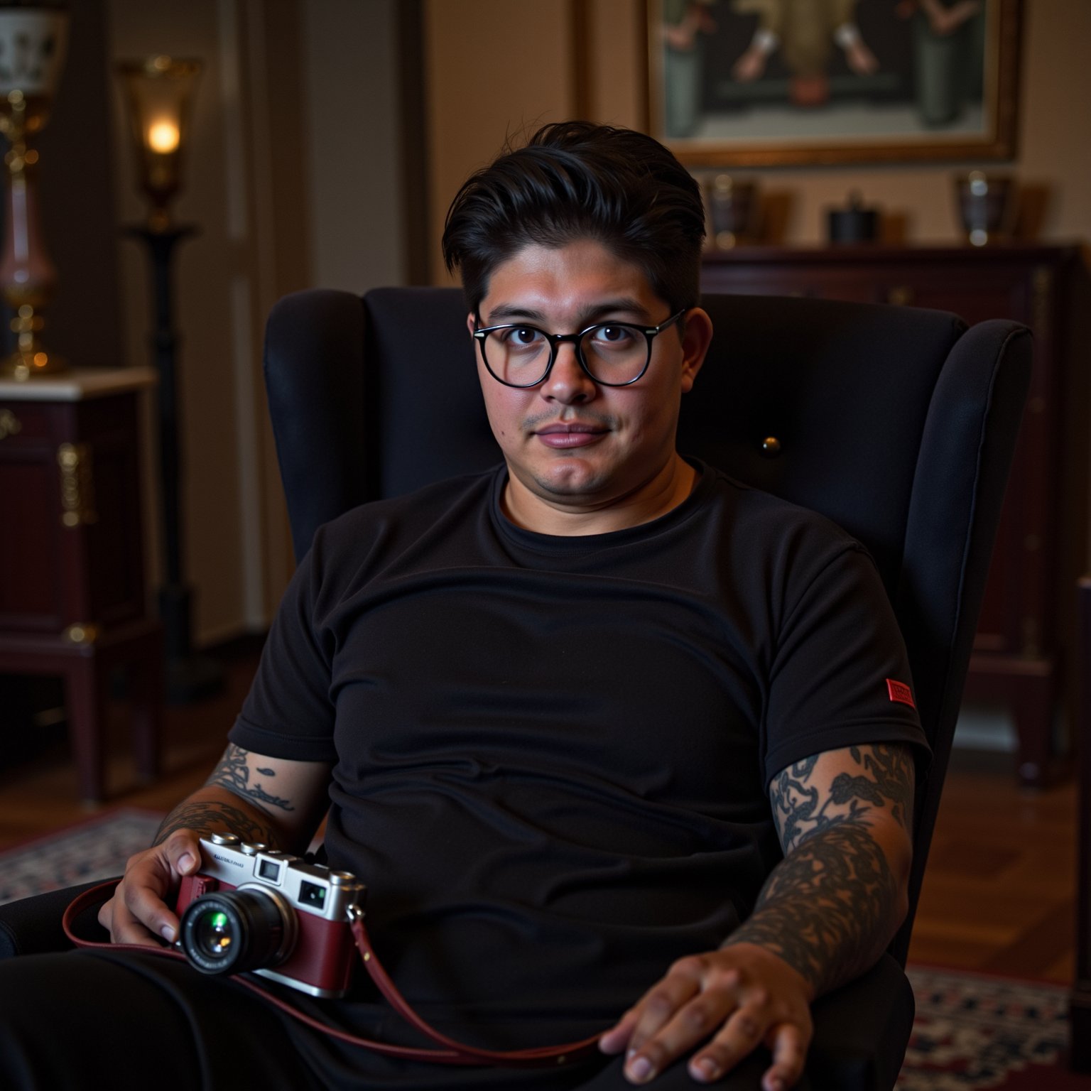 axelmuso solo, looking at viewer, smile, short hair, shirt, black hair, 1boy, holding, sitting,s hort sleeves, male focus, glasses, pants, indoors, blurry, black shirt, tattoo, blurry background, chair, black pants, black-framed eyewear, realistic, camera, arm tattoo, holding camera