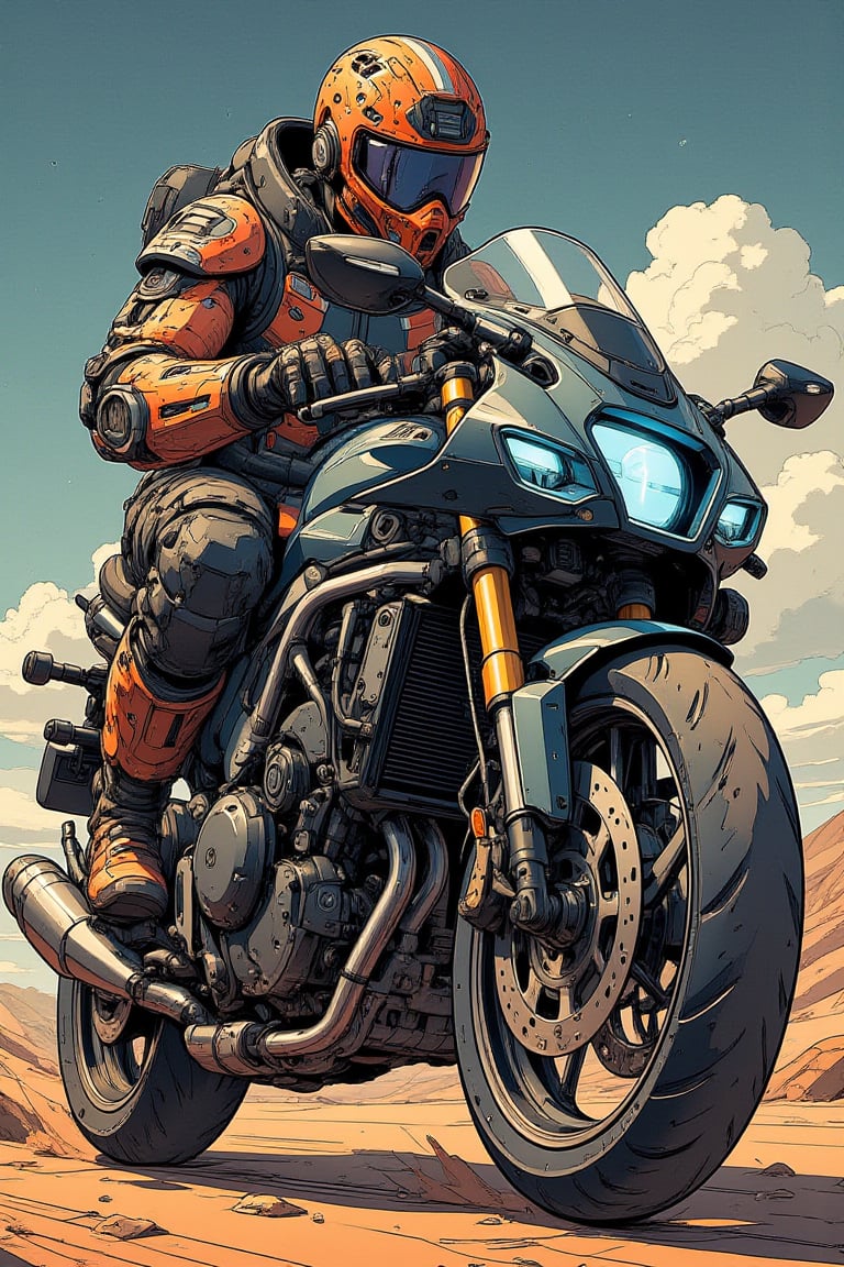 Masterpiece, professional, award-winning, intricate details, ultra high detailed, 64k, volumetric light, dynamic lighting, Movie Aesthetic, action shot, comic book panels by Travis Charest and Phil Noto (colored). Bike In the style of Hideo Kojima, superb detail, It must not be commonplace, Must have a very complex structure, Must have a very high degree of randomness, Must be an image that no one has ever seen before, It has to be very original, Must have tremendous detail, It has to be of the highest artistic quality, It has to be the ultimate, Failure is not an option.