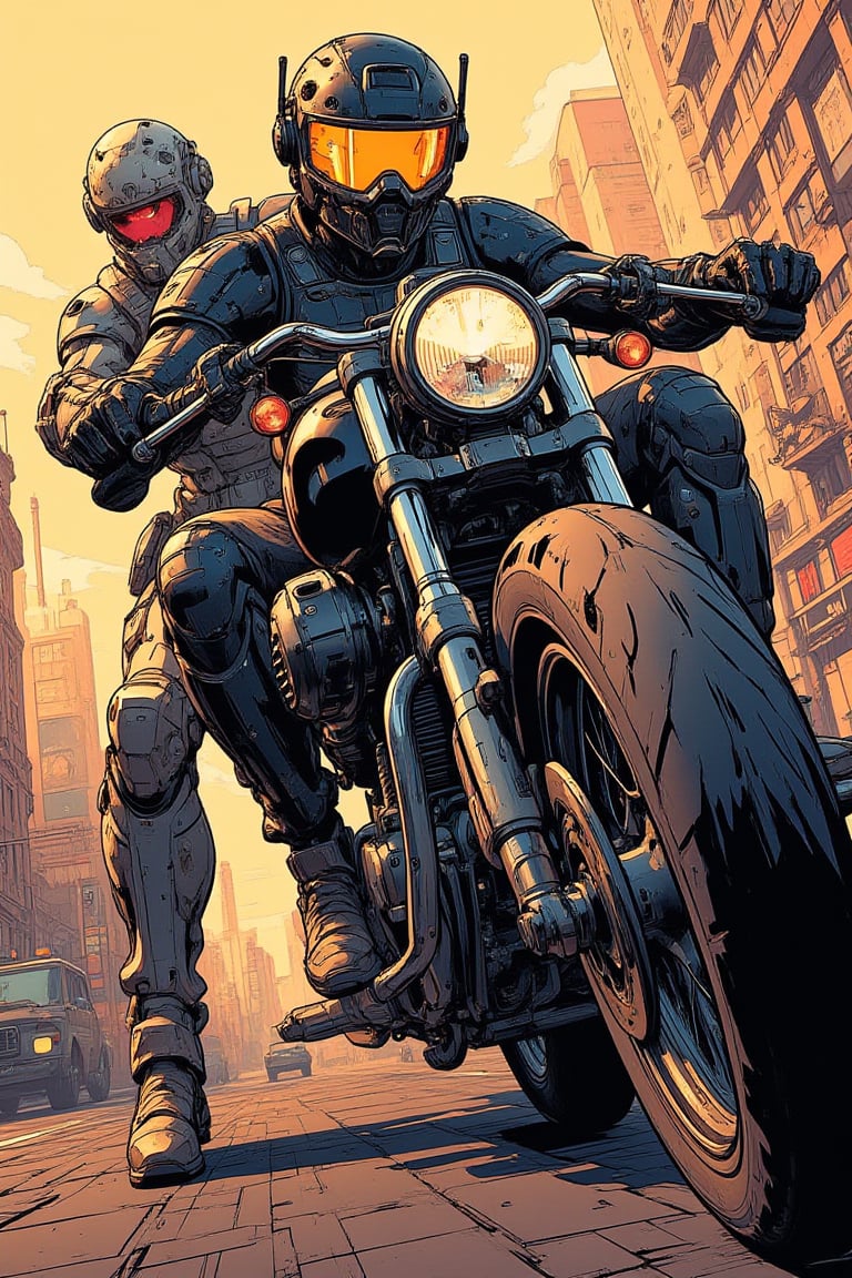 Masterpiece, professional, award-winning, intricate details, ultra high detailed, 64k, volumetric light, dynamic lighting, Movie Aesthetic, action shot, comic book panels by Travis Charest and Phil Noto (colored). Bike In the style of Hideo Kojima, superb detail, It must not be commonplace, Must have a very complex structure, Must have a very high degree of randomness, Must be an image that no one has ever seen before, It has to be very original, Must have tremendous detail, It has to be of the highest artistic quality, It has to be the ultimate, Failure is not an option.