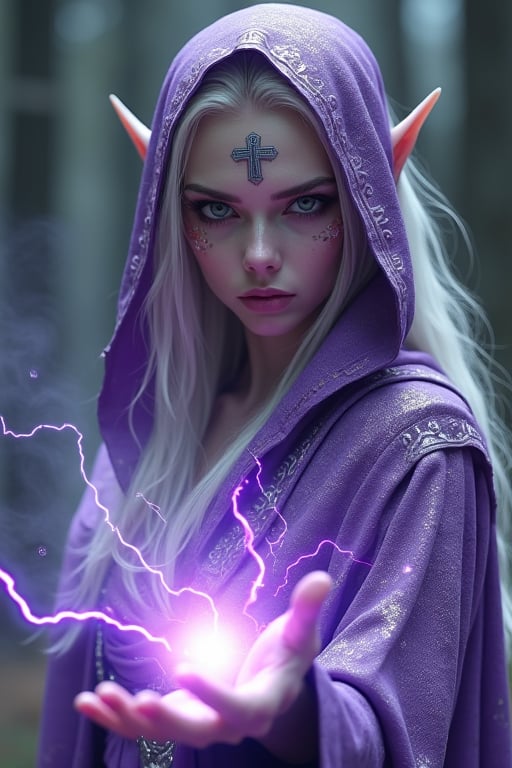 Ethereal elven sorceress, 23, draped in shimmering violet hooded robe with intricate silver runes, alabaster skin, razor-sharp pointed ears, mesmerizing obsidian eyes reflecting starlight, platinum hair elegantly tied with wisps framing face, hauntingly serious expression exuding ancient wisdom, glowing inverted cross tattoo on left cheekbone pulsing with arcane energy, dynamic spell-casting combat stance, fingers crackling with purple lightning, surrounded by swirling mist and floating arcane symbols, hyperrealistic digital art, dramatic chiaroscuro lighting, ultra-detailed 8K resolution, cinematic composition