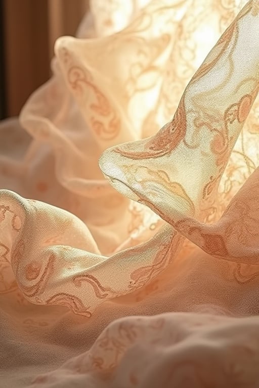 A delicate oriental-style fabric design unfolds against a subtle wood backdrop, subtly illuminated by natural light that casts gentle shadows (1.2). Direct focal lighting highlights the intricate patterns, imbuing them with a sense of depth and dimensionality (1.4). The translucent fabric appears to be layered over the wood background (0.2), its transparency level set at 0.7, with an alpha value of 0.7 allowing for subtle blending with the surroundings.