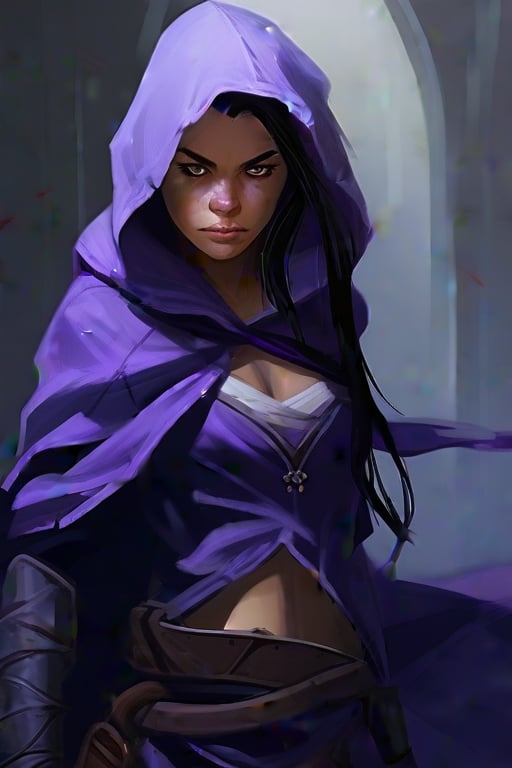 Fantasy female elf, 23 years old, violet hooded robe, pointed ears, completely black eyes, hair tied back with few strands visible under hood, serious and mysterious expression, inverted cross tattoo on cheekbone, combat pose, no accessories