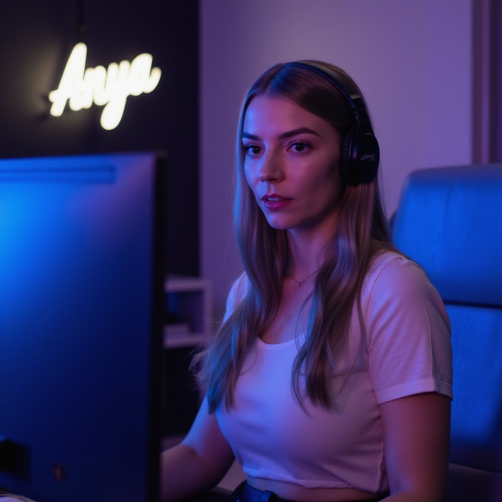 (ANYAJT as a gamer woman influencer wearing headphones and doing a live stream, wearing white crop top),
(the monitor had bright lighting illuminating on her face),
(looking at the camera, she's talking to the viewer)
(there's a signage striplight written as "Anya Stream" behind her hanging on the wall behind),
(noise, grain,jpeg artifacts,low light),
