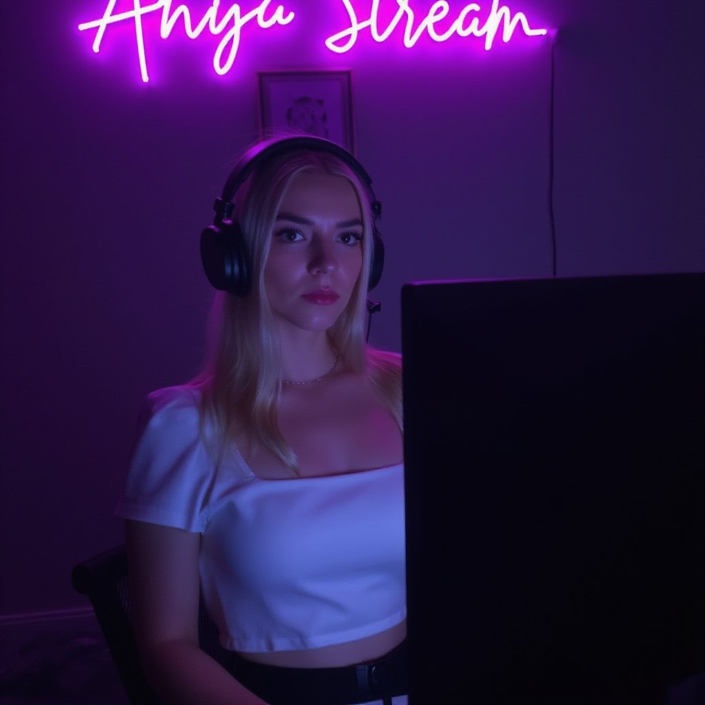 (ANYAJT as a gamer woman influencer wearing headphones and doing a live stream, wearing white crop top),
(the monitor had bright lighting illuminating on her face),
(there's a signage striplight written as "Anya Stream" behind her hanging on the wall behind),
(noise, grain,jpeg artifacts,low light, raw photo, saturated)
