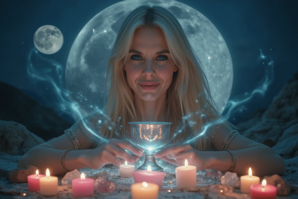 A close-up, sharply focused portrait of a slender, beautiful blonde woman with striking blue eyes and smiling, depicted as a powerful mage performing a Full Moon spell to enhance love, prosperity, and the manifestation of desires. Her blue eyes are exceptionally vivid and clear, glowing with the energy of the moonlight.Luna llena: The Full Moon is prominently featured in the background, occupying a significant portion of the sky, its surface glowing with intricate details of craters and lunar textures. The moonlight cascades down, enveloping the mage in a soft, silvery glow, enhancing the mystical atmosphere.Ritual Elements:Moonlight Chalice: In one hand, she holds a silver chalice filled with moonlit water, shimmering with magical energy. The water reflects the Full Moon, intensifying the ritual's power.Candles: Surrounding her are candles in shades of pink, gold, and white, representing love, prosperity, and purity. These candles are lit and burning brightly, their flames flickering in sync with the moon's energy.Crystal Grid: At her feet lies a carefully arranged crystal grid, with rose quartz for love, citrine for prosperity, and clear quartz for manifesting desires. The crystals glow softly, reflecting the light of the moon and the magical energy of the ritual.Written Intentions: Small pieces of parchment with handwritten intentions are placed within the crystal grid, each representing a wish she intends to manifest under the Full Moon's power.Lunar Aura: The mage is surrounded by a lunar aura—a glowing, silver-blue light that pulses with the rhythm of the moon, amplifying the potency of her spell. This aura is infused with symbols of the moon and stars, swirling around her in a protective, energizing halo.The Full Moon is central to the composition, its light reflecting in the mage's vivid blue eyes and enhancing every aspect of the ritual. The mage stands in a majestic pose, her eyes locked onto the Moon as if drawing down its power directly into her spell.The background is softly blurred, keeping the focus on the mage, the Full Moon, and the powerful ritual elements. The image should be rendered in ultra-high resolution (8K or higher) with exceptional detail, capturing the moon’s surface, the clarity of her eyes, and the shimmering light of the ritual. Use realistic lighting to emphasize the connection between the mage and the Full Moon, ensuring no blurring, pixelation, or artifacts.