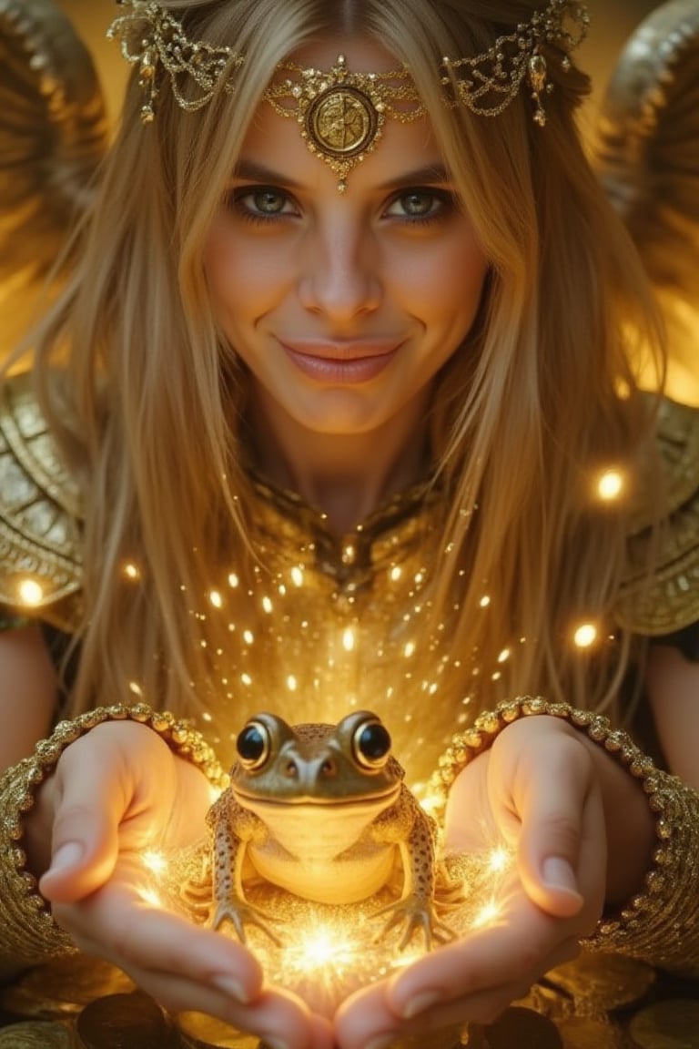 A close-up, sharply focused portrait of a slender, beautiful blonde woman with striking blue eyes, depicted as a powerful mage standing alongside Archangel Michael. Her blue eyes are exceptionally vivid and clear, reflecting the depth and intensity of her magical work. She is smiling with happiness, radiating joy as she performs a ritual with Chan Chu, the golden Chinese money toad. Archangel Michael, with his majestic wings spread wide and a powerful presence, stands beside her, emanating a protective and divine aura. He is clad in radiant armor, holding his sword of light, which adds a sense of strength and guardianship to the scene. The mage is surrounded by elements of prosperity and wealth, with Chan Chu prominently featured in the center of the scene, surrounded by glowing gold coins and mystical symbols. Ethereal halos of gold and rich, radiant light form intricate patterns around her, Archangel Michael, and the toad, enhancing the magical, protective, and prosperous atmosphere. Magical elements include floating coins, shimmering energy flows, and symbols of abundance and good fortune. Her hands are delicately positioned, channeling energy toward Chan Chu, with soft, luminous light and mystical runes emanating from her palms. The background is softly blurred to keep the focus on her, Archangel Michael, and the detailed ritual elements. The image should be rendered in ultra-high resolution (8K or higher) with exceptional detail, capturing the texture of her skin, the clarity of her blue eyes, the divine presence of Archangel Michael, the richness of the golden toad and coins, and the intricate magical elements. Use realistic lighting to emphasize the magical, divine, and prosperous ambiance, ensuring no blurring, pixelation, or artifacts.